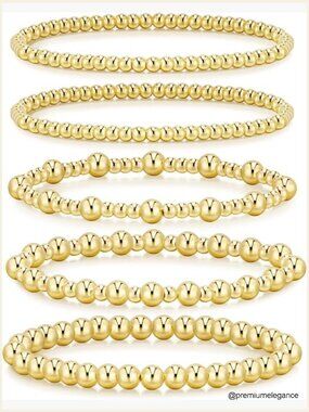 Gold Beaded Stretch Bracelets for Women: 5PCS Stackable Set